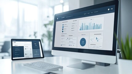 Modern workspace featuring a computer and tablet displaying data analytics dashboards.