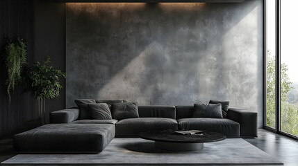 Modern Living Room Interior Design with Concrete Wall and Gray Couch - 3D Illustration