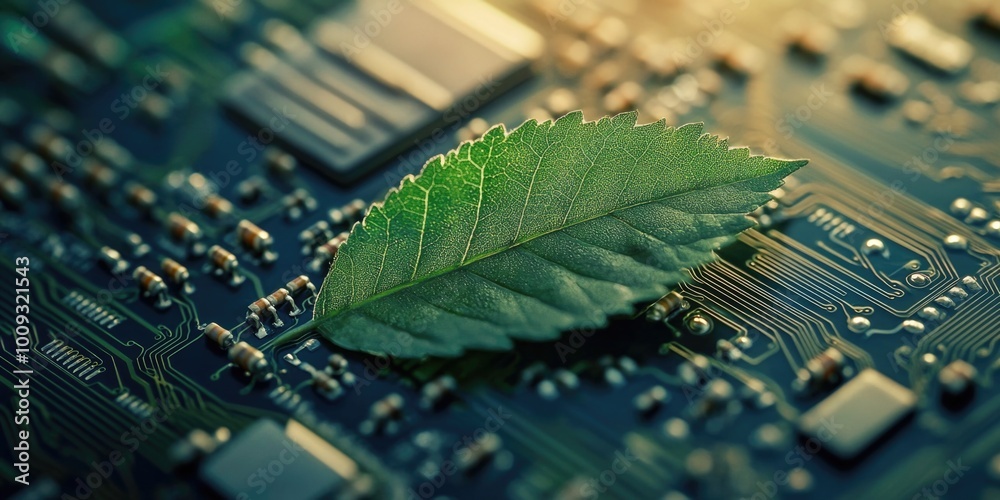 Poster a single green leaf is lying on top of a computer motherboard, highlighting the unexpected juxtaposi