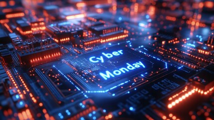 Obraz premium Cyber Monday promotions illuminated in vibrant circuitry design with glowing electronic elements