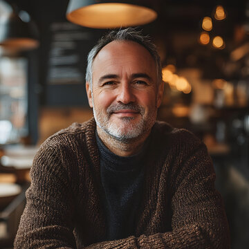 Portrait chaleureux d'un homme d'&acirc;ge m&ucirc;r dans un caf&eacute; cosy. Portrait frontal d'un homme d'&acirc;ge m&ucirc;r avec un sourire serein, assis dans un caf&eacute; &agrave; l'ambiance chaleureuse et tamis&eacute;e.