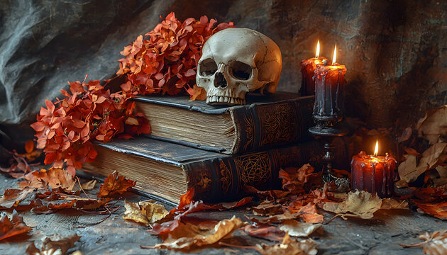Nature morte mystique avec cr&acirc;ne, livres anciens et bougies fumantes. Sc&egrave;ne &eacute;sot&eacute;rique avec un cr&acirc;ne reposant sur des livres anciens entour&eacute; de fleurs s&eacute;ch&eacute;es, de bougies fondues et de feuilles.