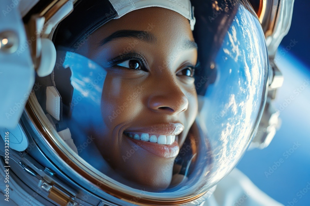 Poster a close-up view of a person wearing a space suit, with details on the helmet and gloves visible