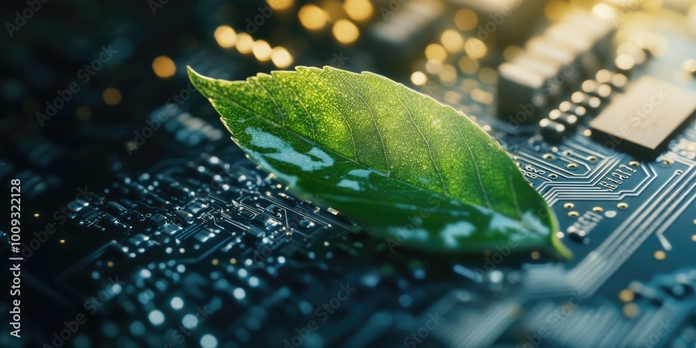 Poster a single leaf sits atop a computer motherboard, highlighting the juxtaposition of natural and techno