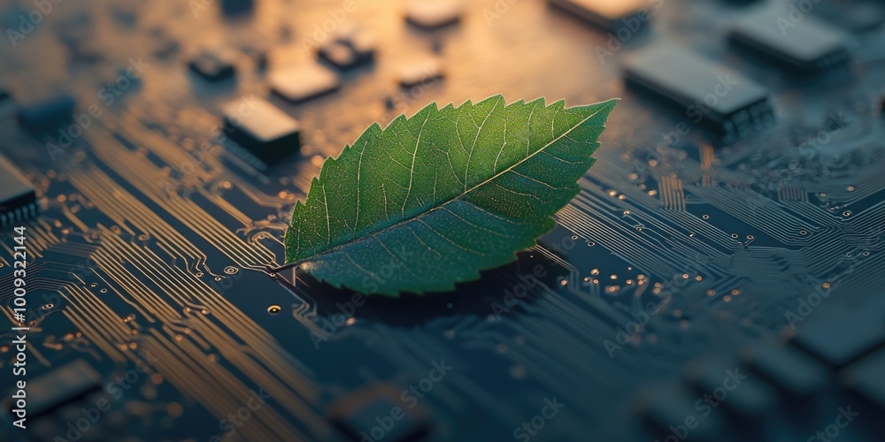 Poster a green leaf lying on top of a computer motherboard