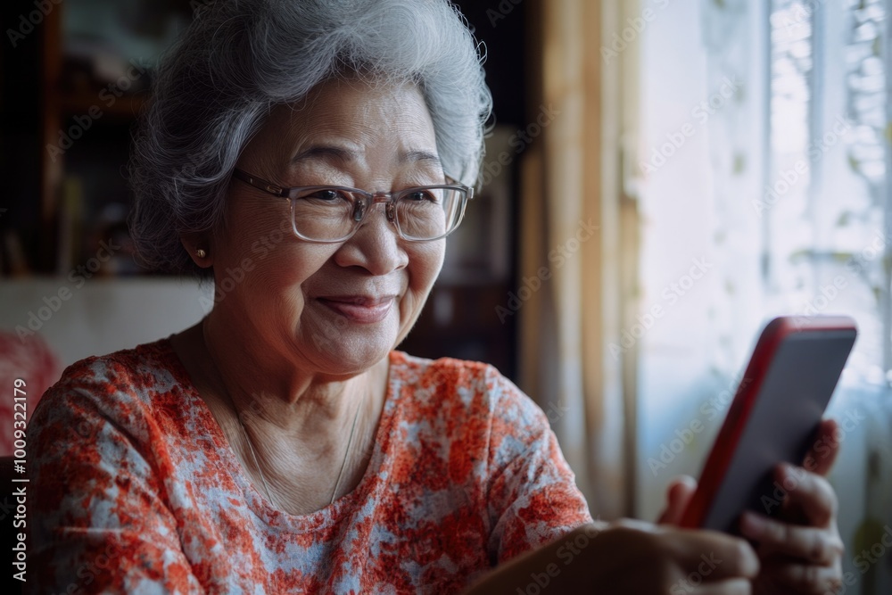 Poster a senior citizen smiling while checking her mobile device