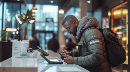 African american man completing hotel check in process at reception desk with attentive staff