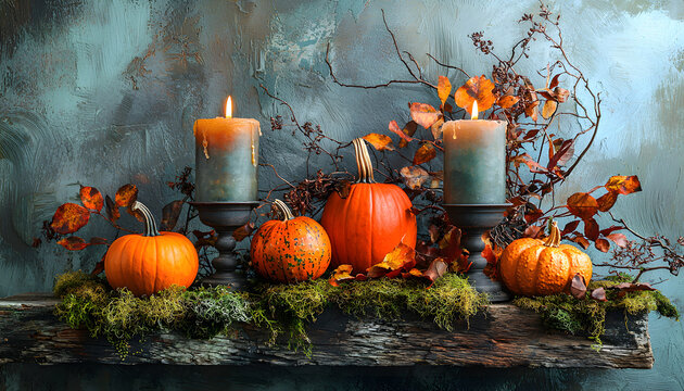 Nature morte automnale avec citrouilles et bougies. Halloween. Composition d&eacute;corative automnale avec des citrouilles dispos&eacute;es sur une &eacute;tag&egrave;re en bois recouverte de mousse, entour&eacute;es de bougies. 