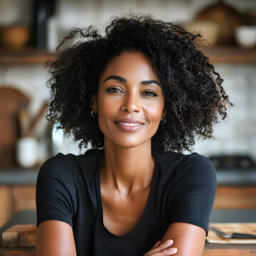 Portrait lumineux d'une femme confiante dans une cuisine moderne. Ses cheveux naturels et son regard confiant donnent une sensation de s&eacute;r&eacute;nit&eacute; et de simplicit&eacute;.