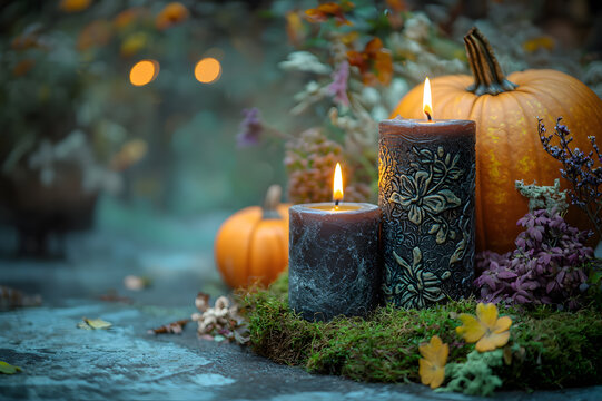 Nature morte d'Halloween avec bougies et citrouilles. Composition &eacute;l&eacute;gante mettant en sc&egrave;ne des bougies sculpt&eacute;es et des citrouilles entour&eacute;es de mousse et de fleurs s&eacute;ch&eacute;es. Ambiance automnale. 