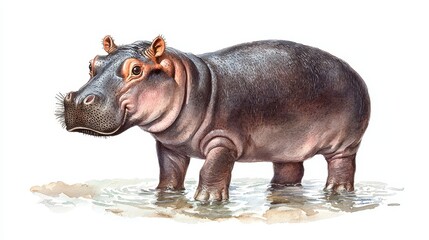 Obraz premium Hippopotamus standing in water, realistic illustration on white isolated background.
