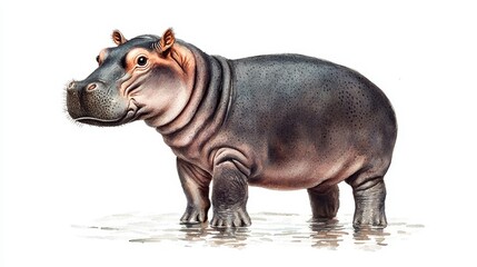 Obraz premium Realistic illustration of a hippopotamus on a white isolated background.