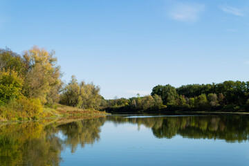 lake in the park. Beautiful river backwater in the autumn. Green and lush vegetation with reflection on the water surface. Scene of unspoiled nature.