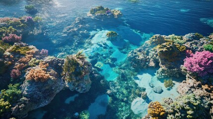 Fototapeta premium An aerial image of a vibrant coral reef system with clear blue water highlighting the intricate patterns of marine life. Concept of underwater ecosystems and coral diversity.