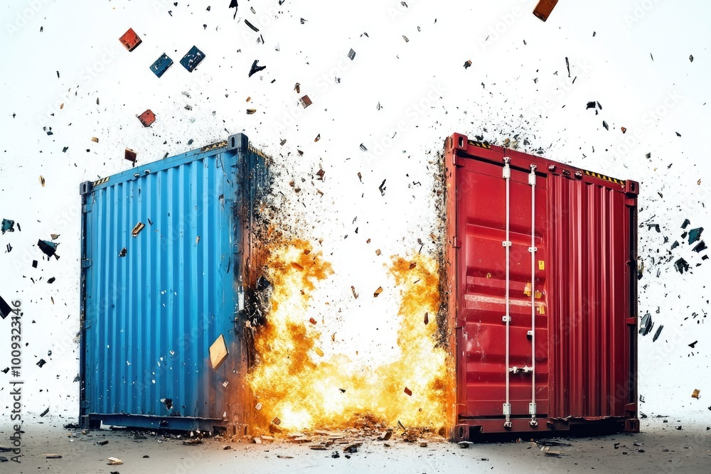 Poster explosion of two red and blue shipping containers with debris and smoke