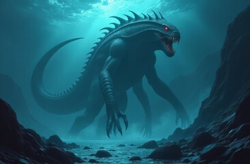 A terrible sea giant monster attacks during a storm