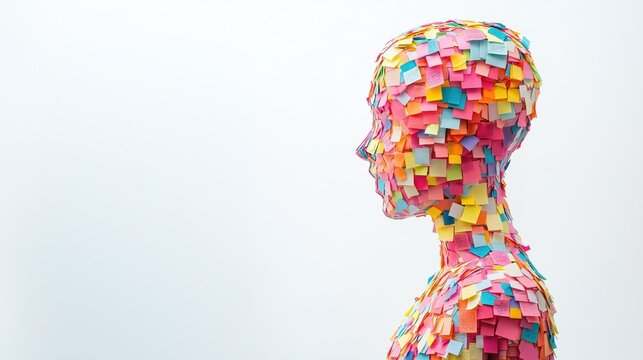 Full-Body Sculpture of Abstract Human Figure Covered in Colorful Sticky Notes on White Background