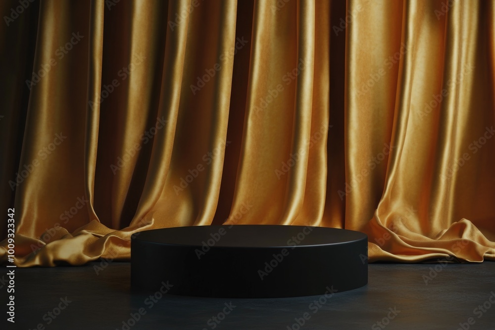 Poster a round table in front of a golden curtain, perfect for staging or backdrop