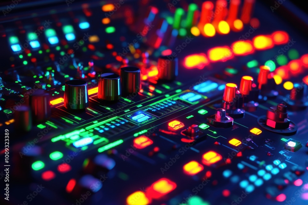 Poster A close-up view of a mixing board with colorful lights and controls