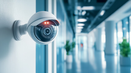 A modern security camera with red indicator lights, mounted on a wall in a brightly lit office corridor, monitoring the area.