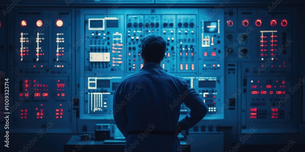 Poster A person standing at a control panel with various screens and buttons, possibly working or monitoring something