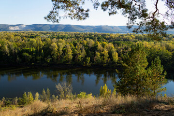 lake in the forest. Autumn landscape with a lake surrounded by dense trees and vibrant foliage under a clear blue sky