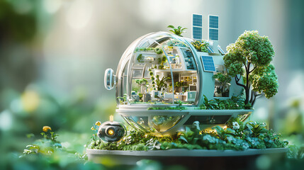 Tiny futuristic house with bold sustainable architecture, featuring solar glass walls and energyefficient systems