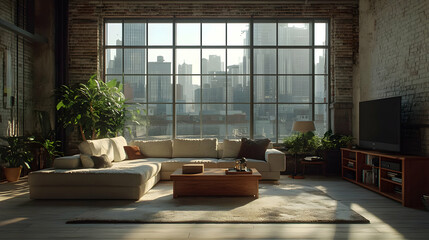 Modern Living Room with City View Illustration