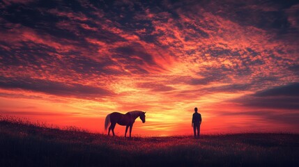 A serene sunset scene featuring a horse and a person in a tranquil landscape.
