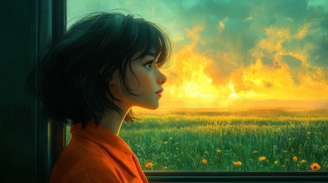 A character looking out the window of a cartoon train, observing the passing countryside in muted colors, embodying a sense of freedom and exploration 
