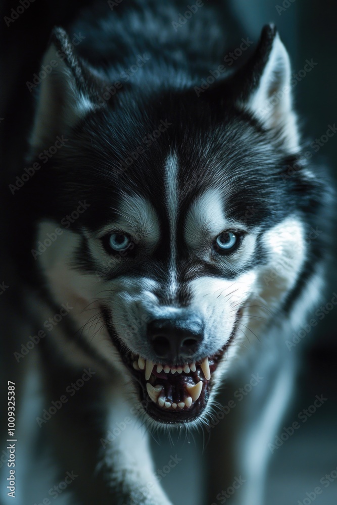 Poster a close-up shot of a dog's face with its mouth open, ideal for use in pet-related or humorous contex