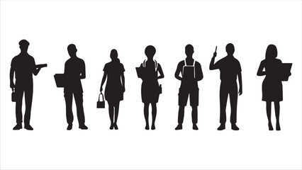 
People with various occupations professions standing together in row vector flat black silhouettes set collection.