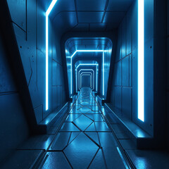 Modern Futuristic Sci Fi Background, Empty dark room, Blue Neon Lights, 3D illustration