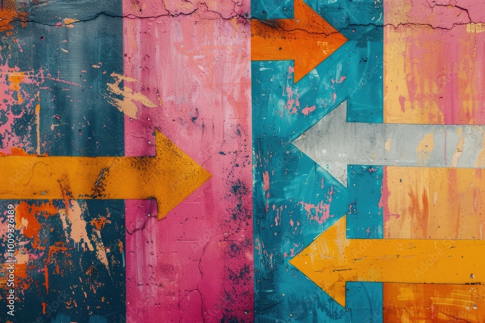 Poster a colorful painted wall with arrows pointing in different directions