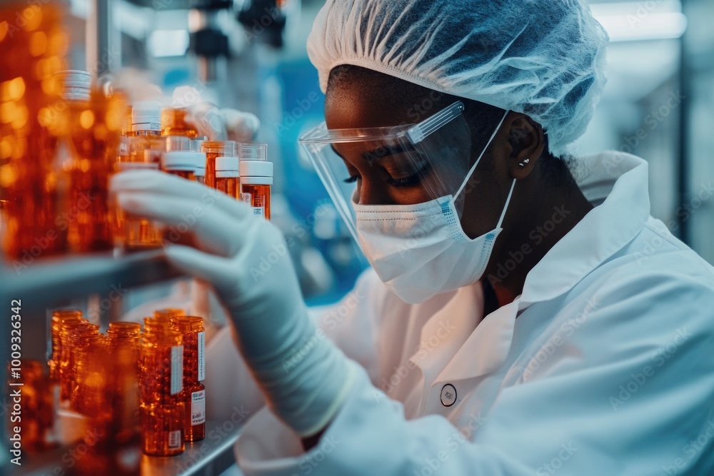 Poster Scientist in lab setting with protective gear, suitable for medical or scientific illustration