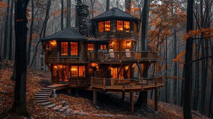 A charming treehouse nestled amongst the trees, lit up with warm glow. The structure is made of wood and has a large deck with a view of the forest.