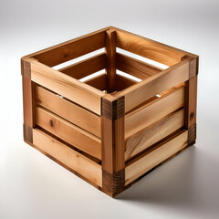 open wooden box.A sleek, polished wooden crate with sharp, modern lines, placed against a white background. The wood has a rich, warm tone, and the crate's design is minimal, with no unnecessary eleme