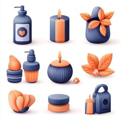 Obraz premium A colorful collection of stylized spa and wellness items, including candles, oils, and natural elements, showcasing a harmonious blend of blue and orange tones.