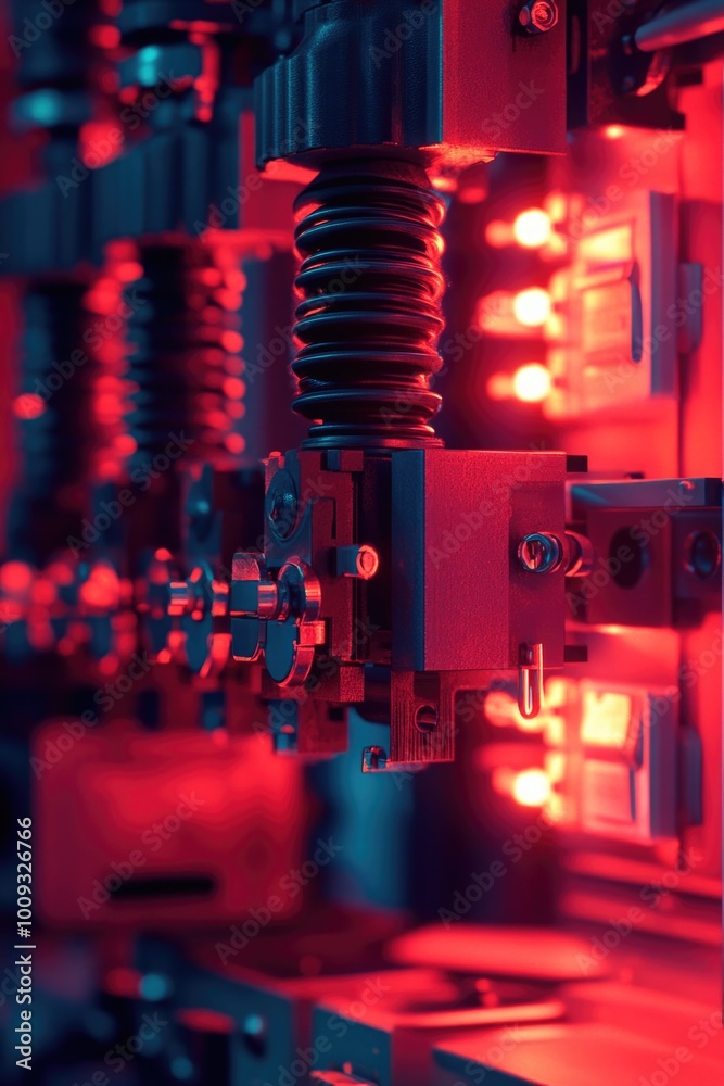 Poster a close-up shot of a machine with bright red lights