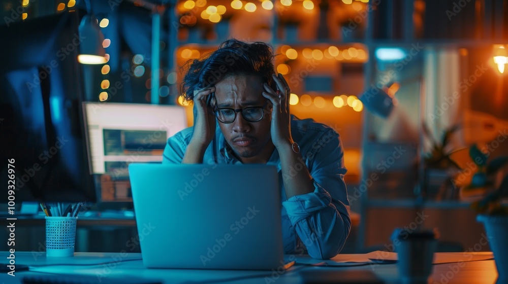 Poster a man is sitting at a desk with a laptop in front of him
