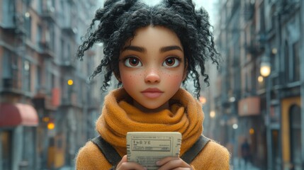 A close-up of a character holding a train ticket, framed by muted cityscape elements and soft pastel tones, conveying a sense of anticipation and adventure 