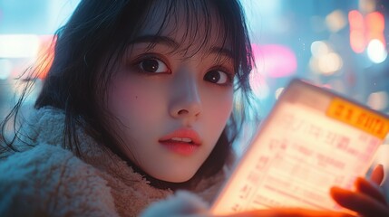 A close-up of a character holding a train ticket, framed by muted cityscape elements and soft pastel tones, conveying a sense of anticipation and adventure 