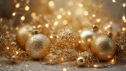Golden Christmas Ornaments and Lights Create a Festive Holiday Atmosphere