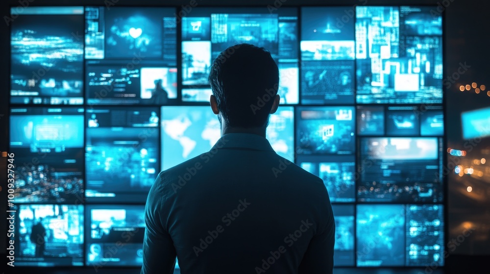 Leinwandbilder A person standing in front of a large display of multiple TV screens, ideal for use in tech-related contexts such as offices, studios, or entertainment venues