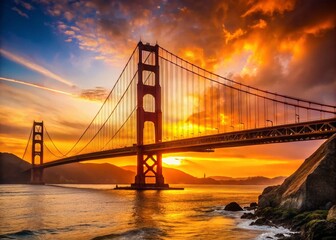 Iconic Golden Gate Bridge Silhouette Against a Beautiful Sunset Sky in San Francisco Bay Area