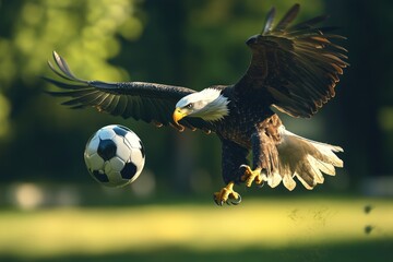 A bald eagle soaring above a soccer ball in a scenic landscape