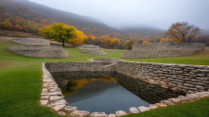 A peaceful lake setting in the early morning fog features a stone bridge and autumn trees with golden leaves, creating a serene atmosphere in nature