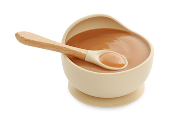 Tasty baby food in bowl and spoon isolated on white