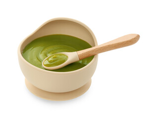 Tasty baby food in bowl and spoon isolated on white