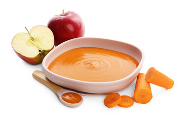 Delicious baby food in bowl and ingredients isolated on white